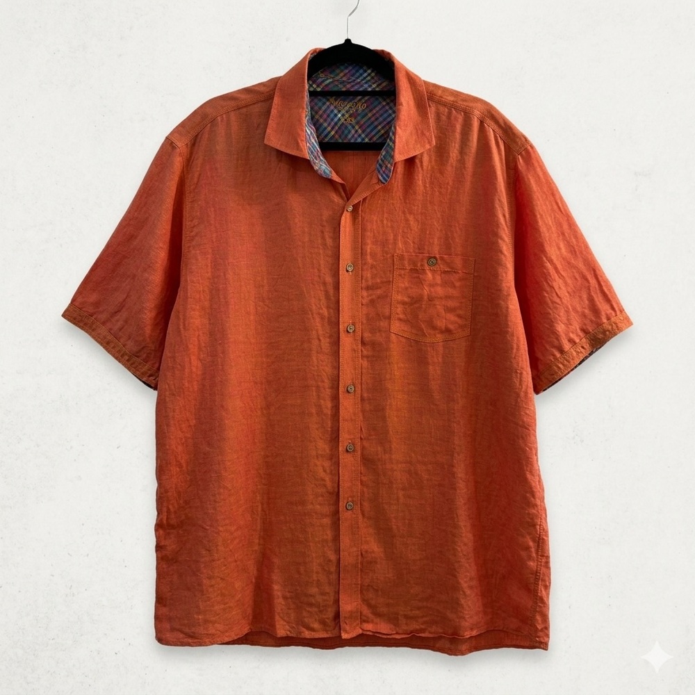 Marcello Sport Luxury Iridescent Red Orange Shirt XXL Plaid Trim Linen Look